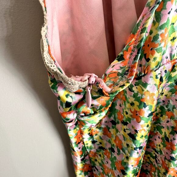 Wild Fable Green Satin Floral Plunge Midi Slip Dress Lace Trim Boho Y2K Size XL - Picture 9 of 14